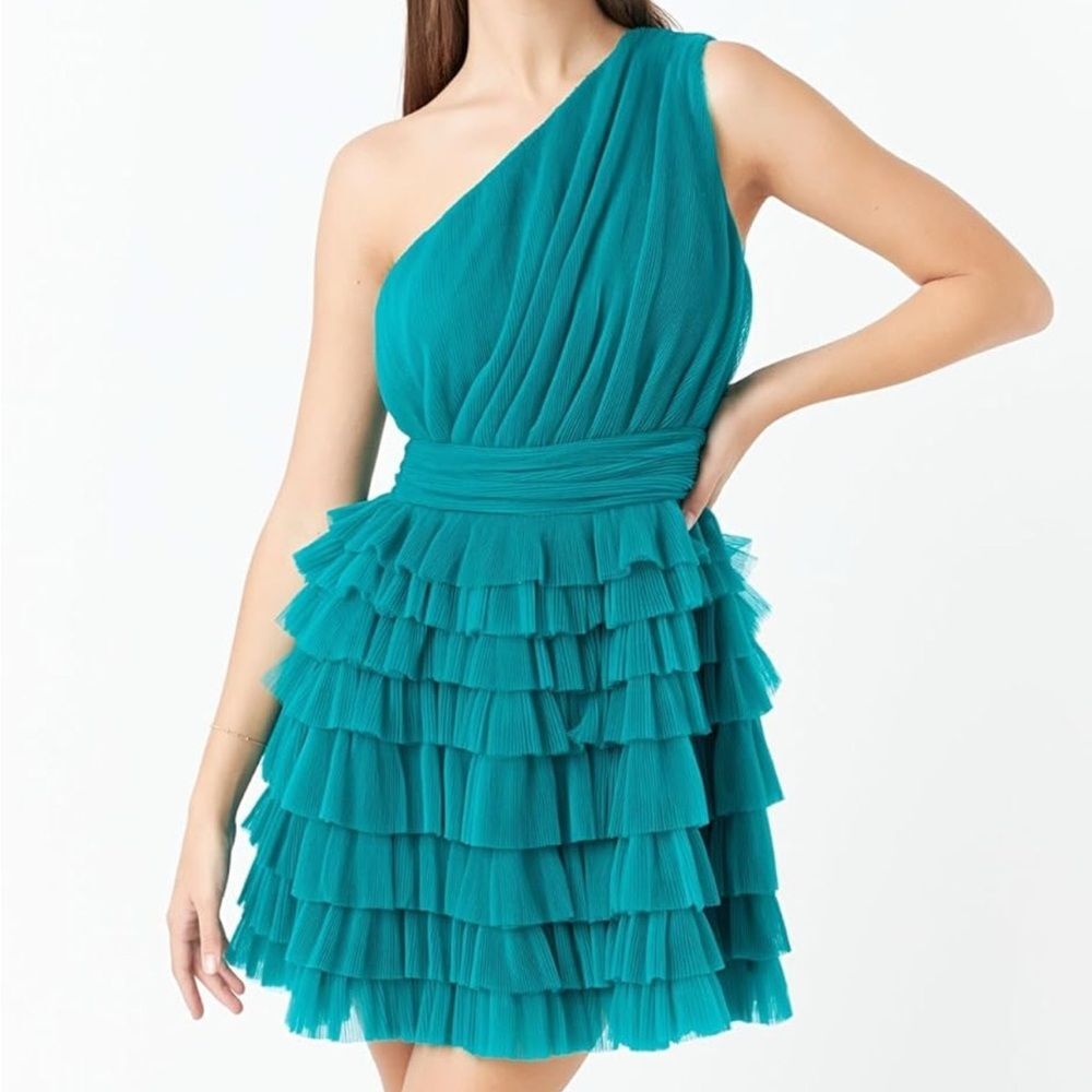 NWT Endless Rose One Shoulder Tiered Tulle Mini Dress Jade Green Size Medium